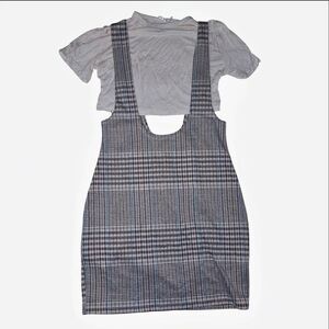 Plaid Pinafore Overall Dress & White Tee 1‑Piece Outfit